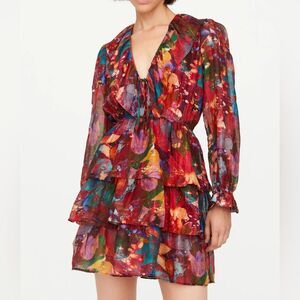 Marie Oliver Lotus Silk Linen Blend Tiered Ruffle Mini Una Dress NWT Size Large